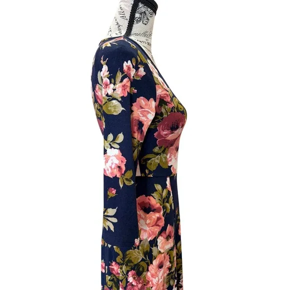 Tea N Rose Navy Pink Floral 3/4 Sleeve Maxi Dress AD63292 Small - Picture 3 of 6